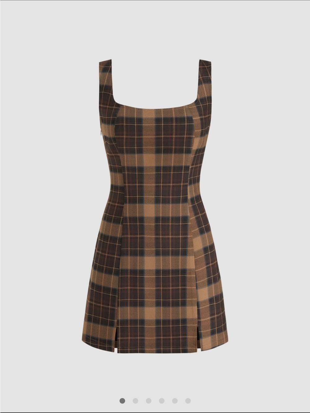 Square-Neck Mini Dress in Brown Plaid